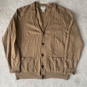 LL Bean Lambswool Cardigan Sweater Mens Large Camel Brown Grandpa Classic V-neck